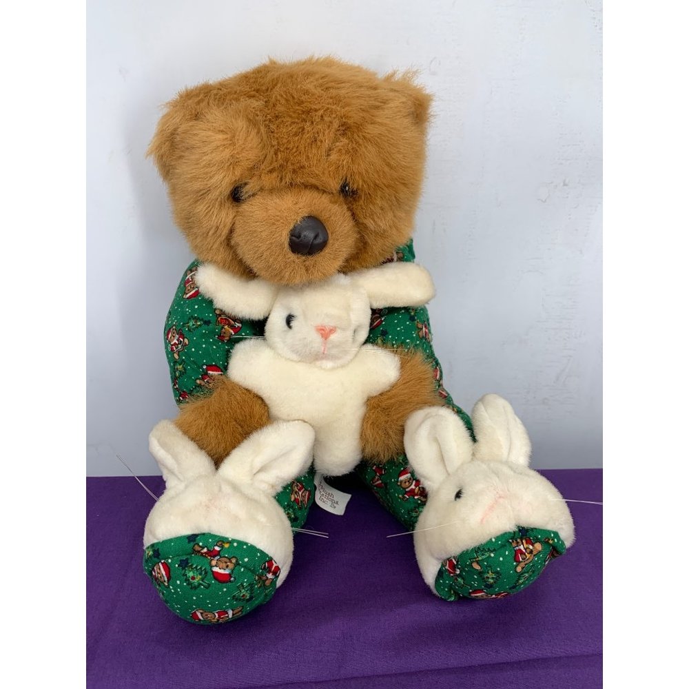 Plush creations 1995 vintage 15Inch plush bear with lovey rabbit & slippers Chri